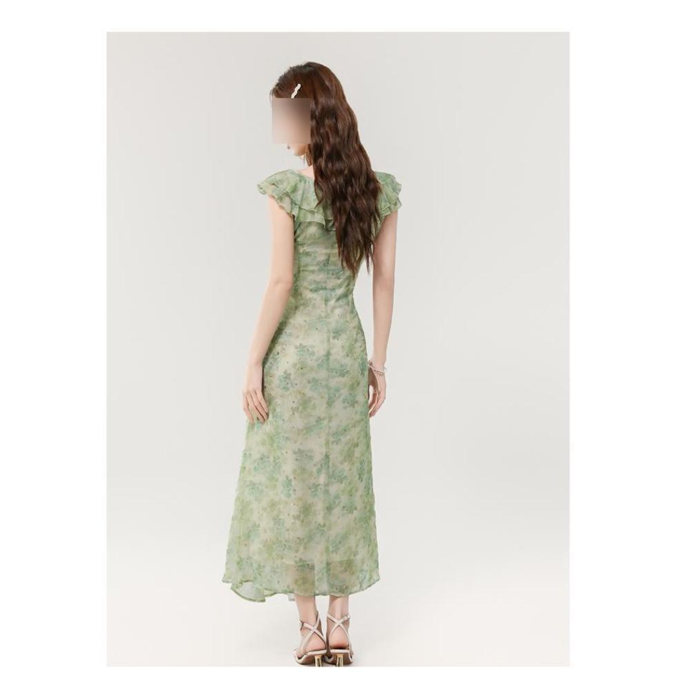 Green floral v-neck small flying sleeve dress women's summer seaside vacation wind romantic beach dress