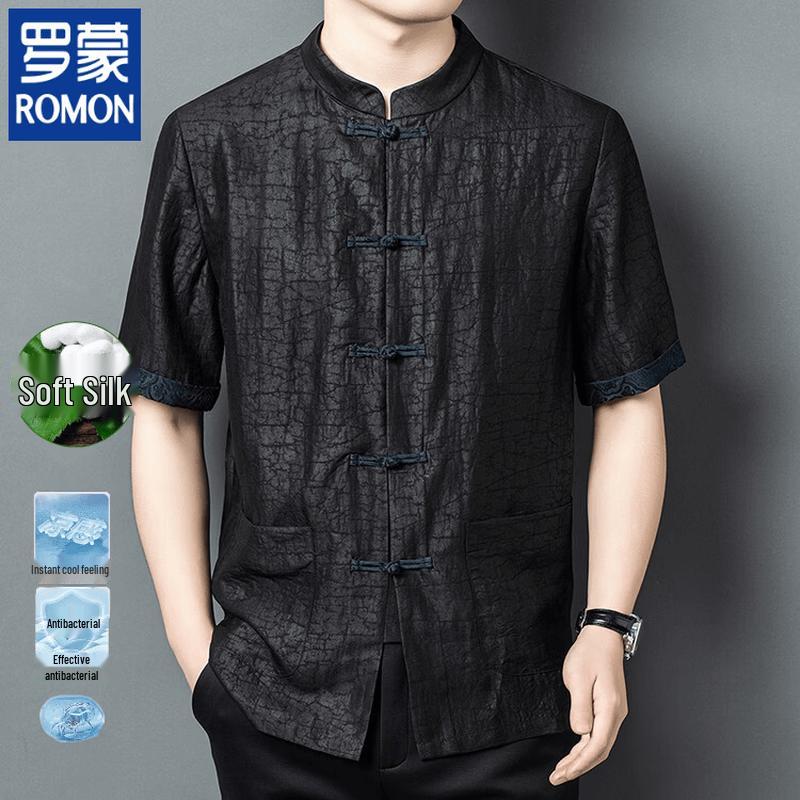 Мужской новый китайский шелковый костюм Тан с коротким рукавом ROMON 2XL чёрный