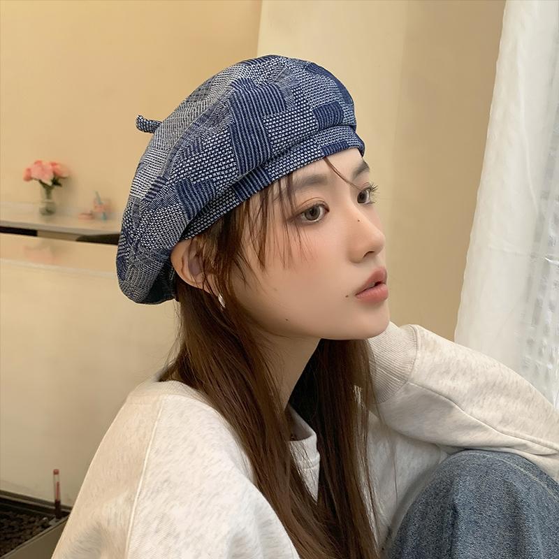 Retro Textur Karomuster Denim Baskenmütze Kinder Frühling und Sommer Streetfotografie vielseitig Gesicht kleiner Malermütze