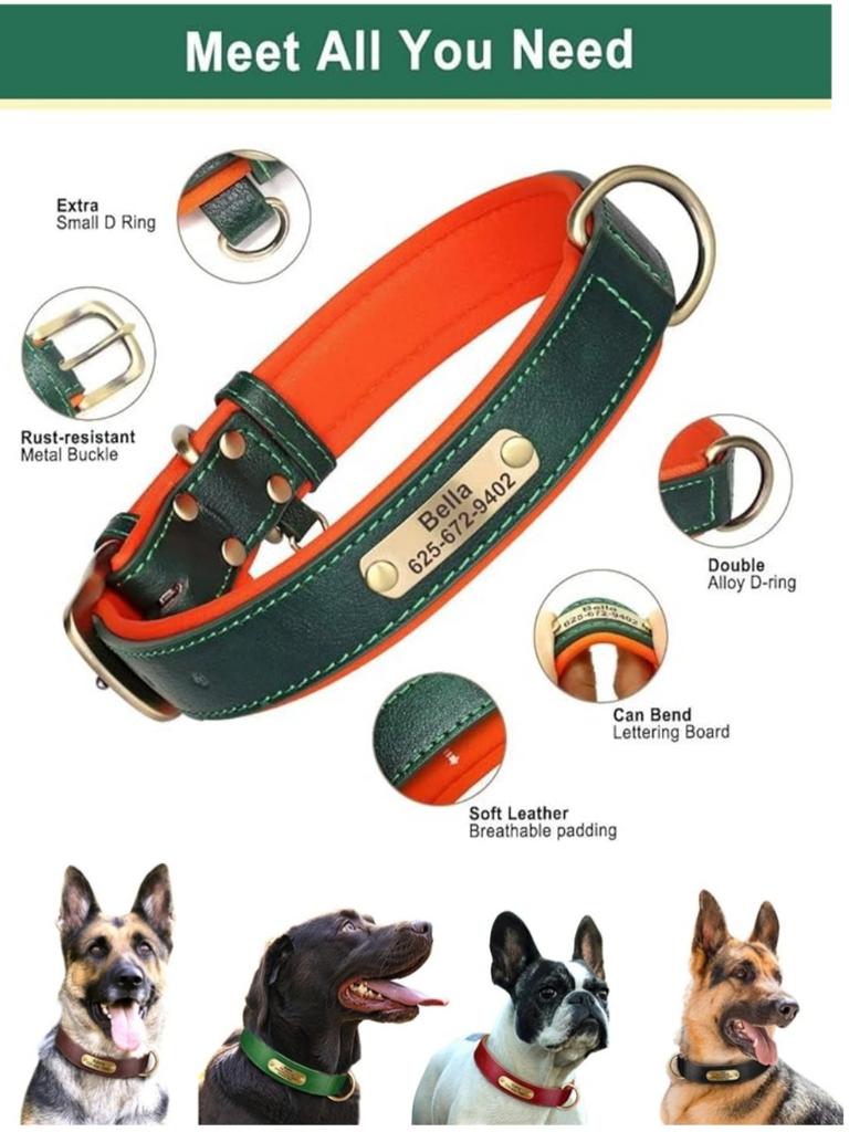 Customized ID Nameplate Dog Collar PU Leather Soft Padded Dog Collars Free Engraving Name for Small Medium Large Dogs Adjustable