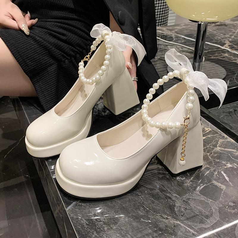 Fashion High-heeled Non-slip Women's New Fashionable and Versatile Foreign-style Pearl Mary Jane Shoes in Spring 2025