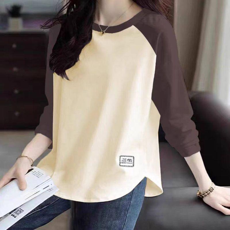 

Pure Cotton Round-Neck Plus-Size Women s Korean-Style Loose-Fitting Top That Covers the Belly, Fashionable and Stylish with Long Sleeves Brown [Solid Color] XL
