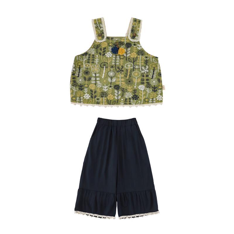 Mädchen-Set Frühling 2026: Lagenlook mit Jacquard-Blumenmuster, bestehend aus Weste und weit geschnittener Hose.