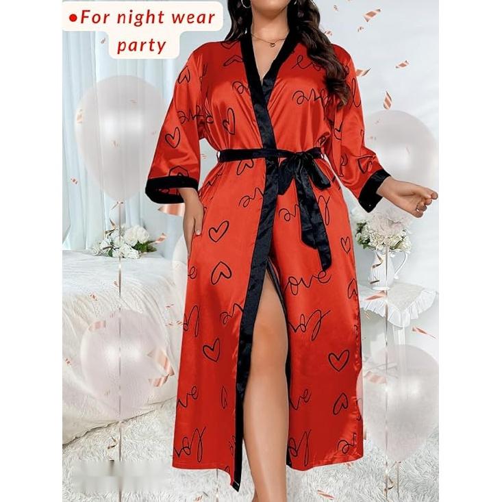 Women's Plus Size Valentines Robe, Sexy Satin Robe Long Sleepwear