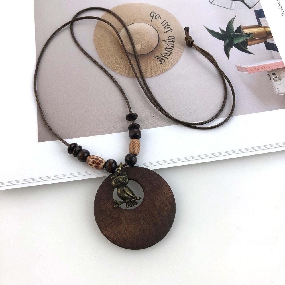Leather Chain Wooden Pendant Necklace Boho Sweater Necklace Vintage Sweater Chain  Gifts