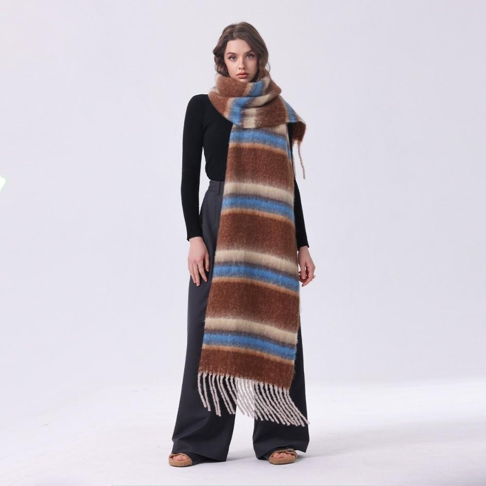 Tassel Stripe Wool Scarf Mohair Long Shawl Elegant Winter Cashmere Scarves Student