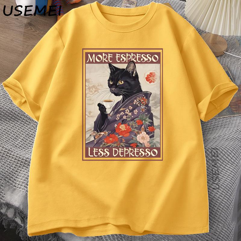 More Espresso Less Depresso Humorous TShirt Unisex Women Black Cat Coffee T Shirt Cotton Y2k Summer Loose Short Sleeve Tee