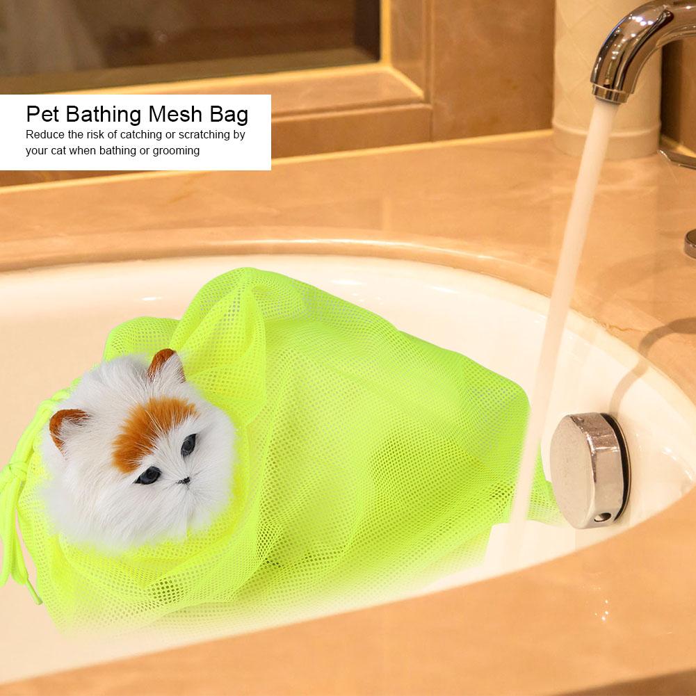 Cat Grooming Bathing Mesh Bag Pet Shower Washing Nails Cutting Ear Cleaning Tool (Yellow)