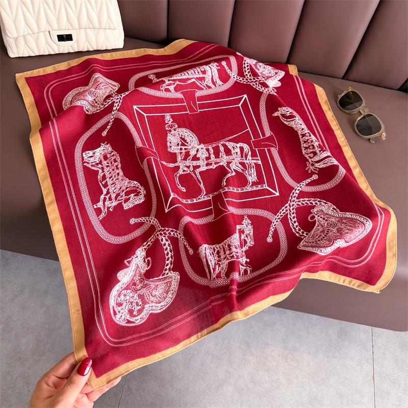 Horse printing herringbone pattern cotton and linen small square scarf silk scarf imitation velvet headscarf shawl sun protection scarf women's scarf