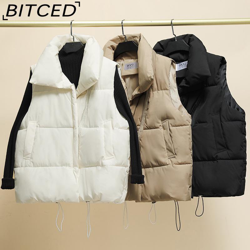 BITCED Autumn/Winter Puffer Jacket with Stand Collar and Zip Fastening Cotton-Filled Waistcoat, Vest, Jacket, or Light Outerwear