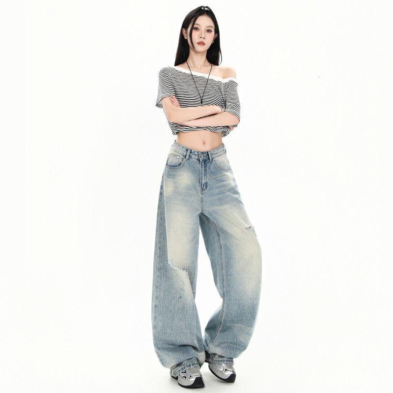 Spring Summer Vintage Distressed Ripped High Waist Slim Relaxed Straight Long Denim Pants For Ladies Casual Pants Oversize Denim Trousers