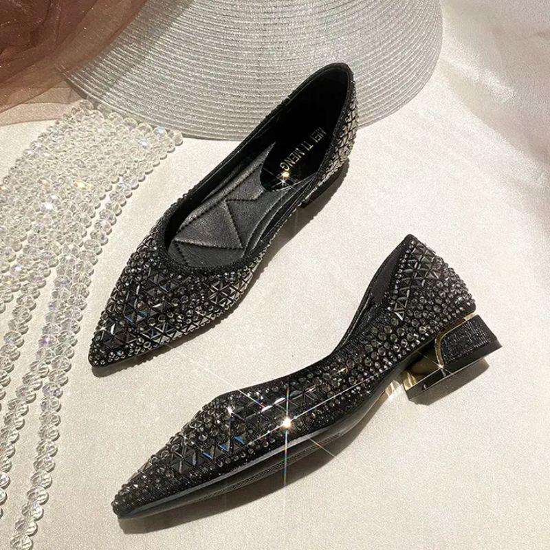 Women's 2024 Diamond-Studded Pointed Toe Chunky Heel Shoes for Spring & Autumn - Soft Bottom Wedding Shoes, Versatile Fairy Style, Large Sizes