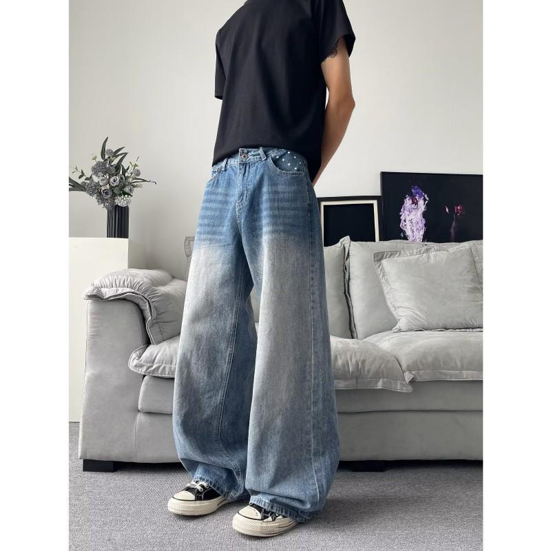 Mens Vintage Washed Distressed Denim Jeans Loose Straight Fit Casual Trousers