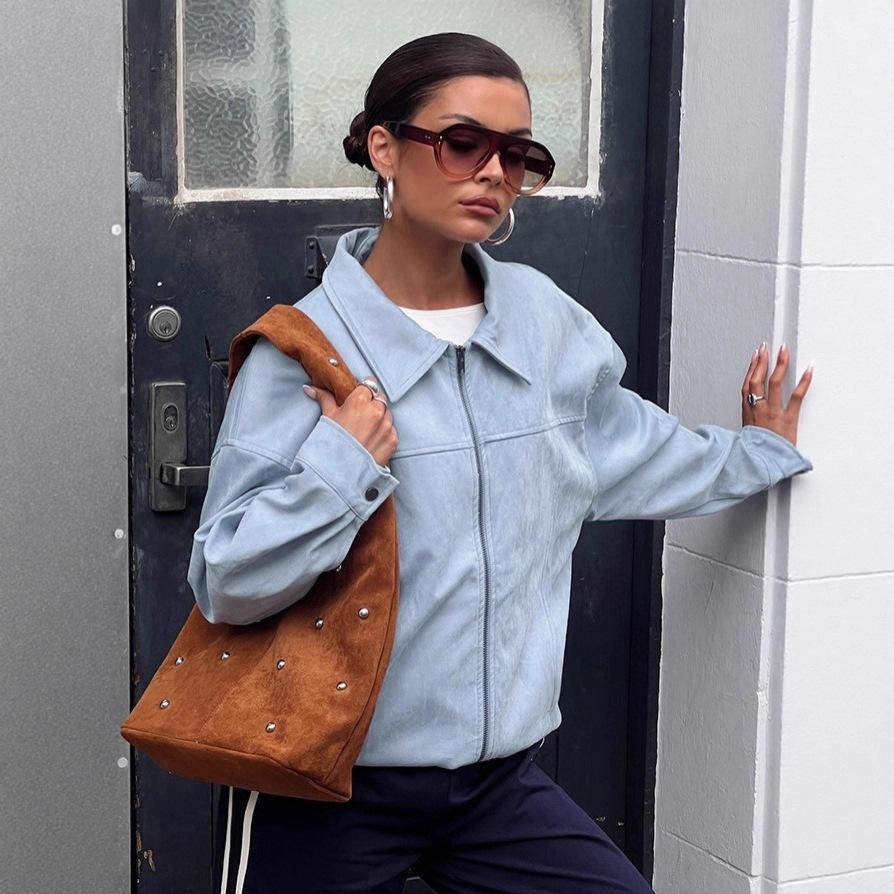 Women Blue Loose Turn Down Collar