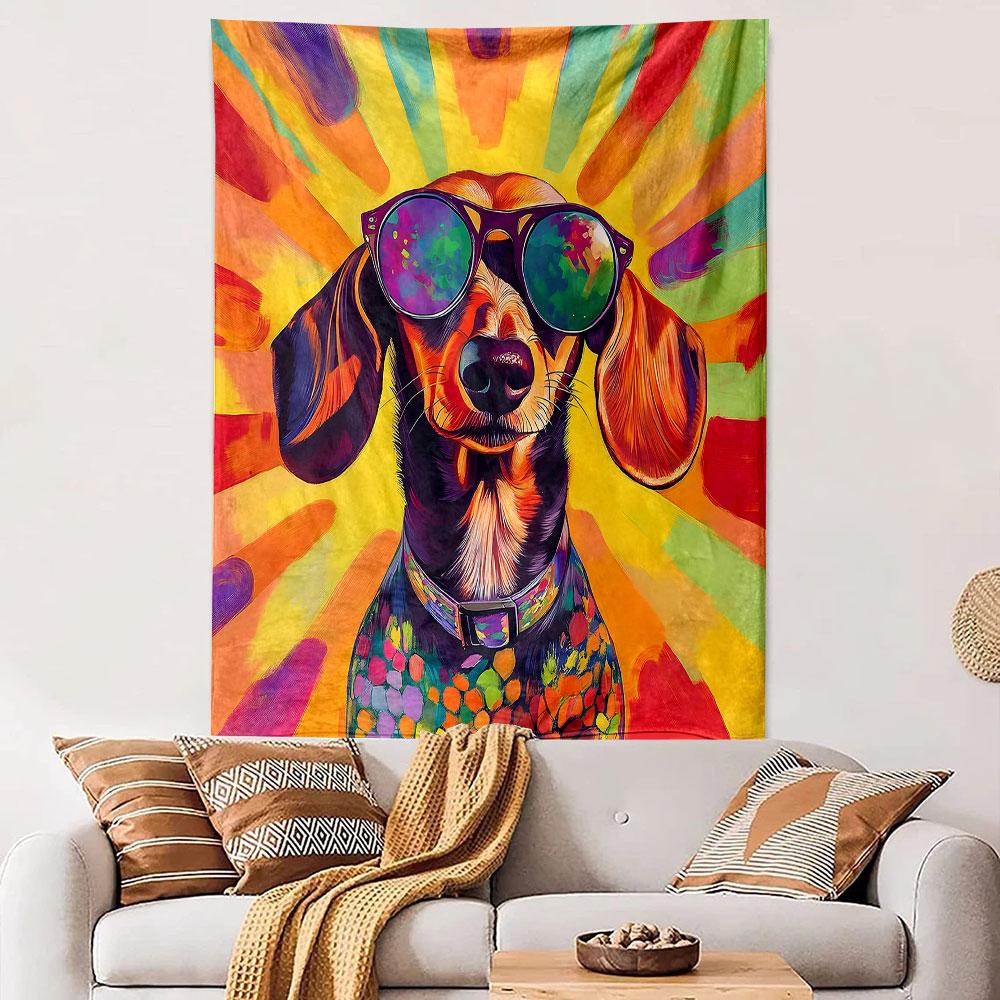 Colorful Dachshund with Sunglasses Patterned Tapestry Decorative Wall Hanging, Home Bedroom Living Room Decor