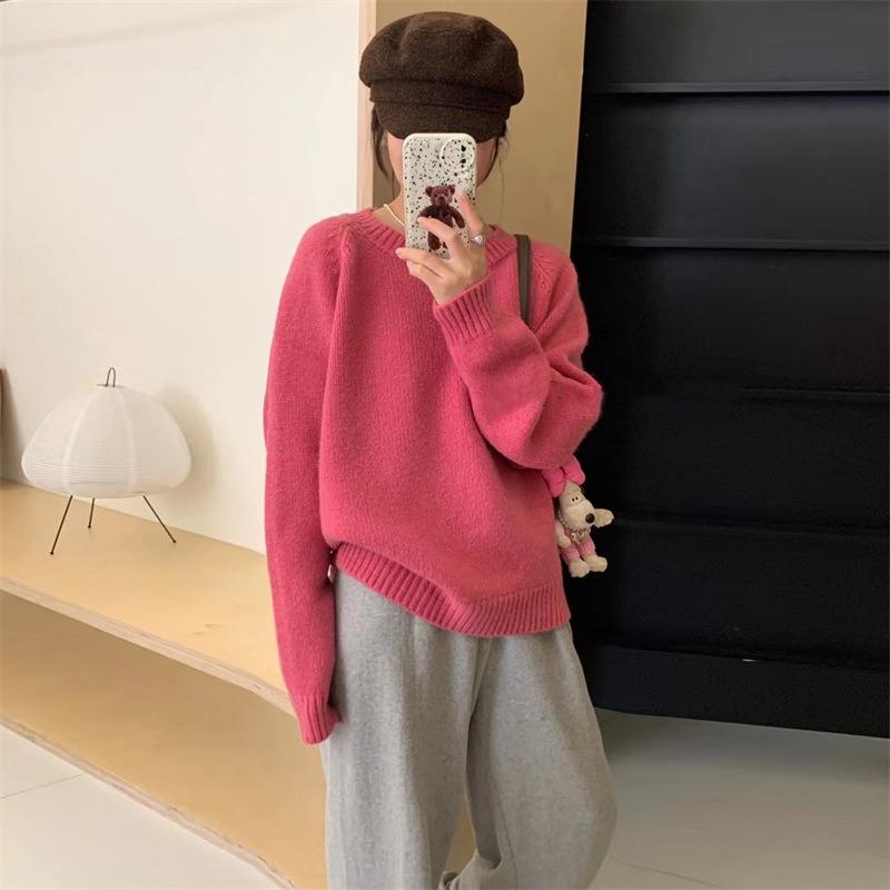 Thick Round Neck Pullover Sweater Women's Autumn and Winter New Loose Soft Waxy Candy-colored Knitted Top Outer Wear