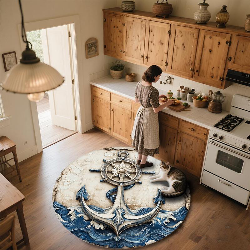 Anchor and Ship's Wheel,Round Area Rug,Carpet Rug for Living Room Bedroom Sofa Playroom Decor,Non-slip Floor Mat