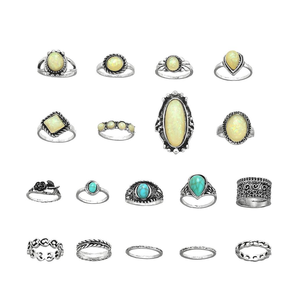 Retro Turquoise Gemstone 18Pcs Personality Combination Ring Set
