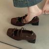 Bow Square Heel Women's Mary Jane Shoes Summer and Autumn French Dress Versatile Ballet High Heel Single Shoes Tide