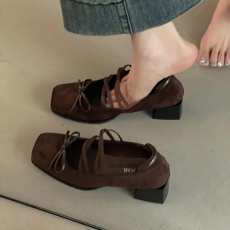 Bow Square Heel Women's Mary Jane Shoes Summer and Autumn French Dress Versatile Ballet High Heel Single Shoes Tide