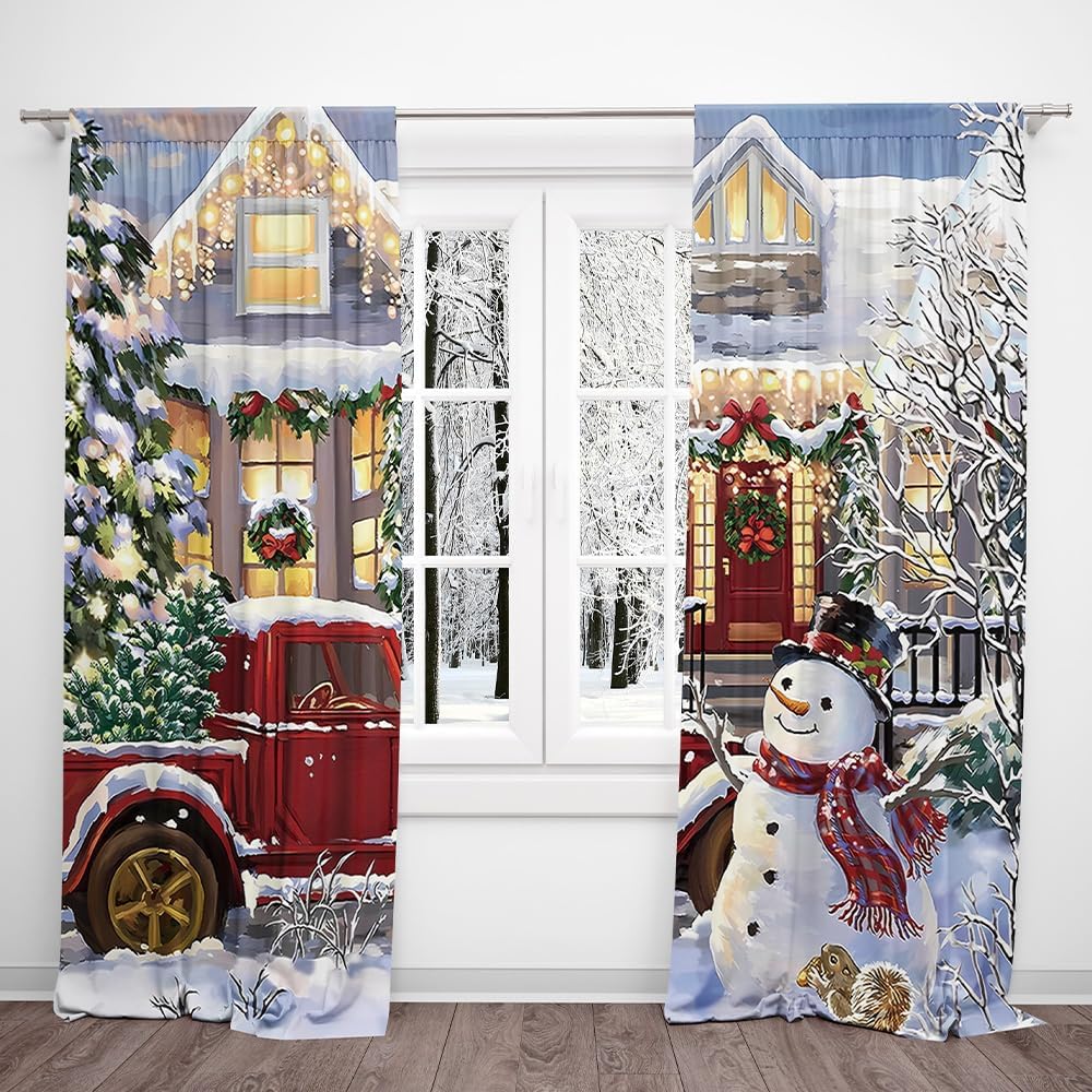 Christmas Curtain Red Truck House with Lights On Xmas Tree Colorful Light Pine Tree Bedroom Living Room Window Decoration Drapes
