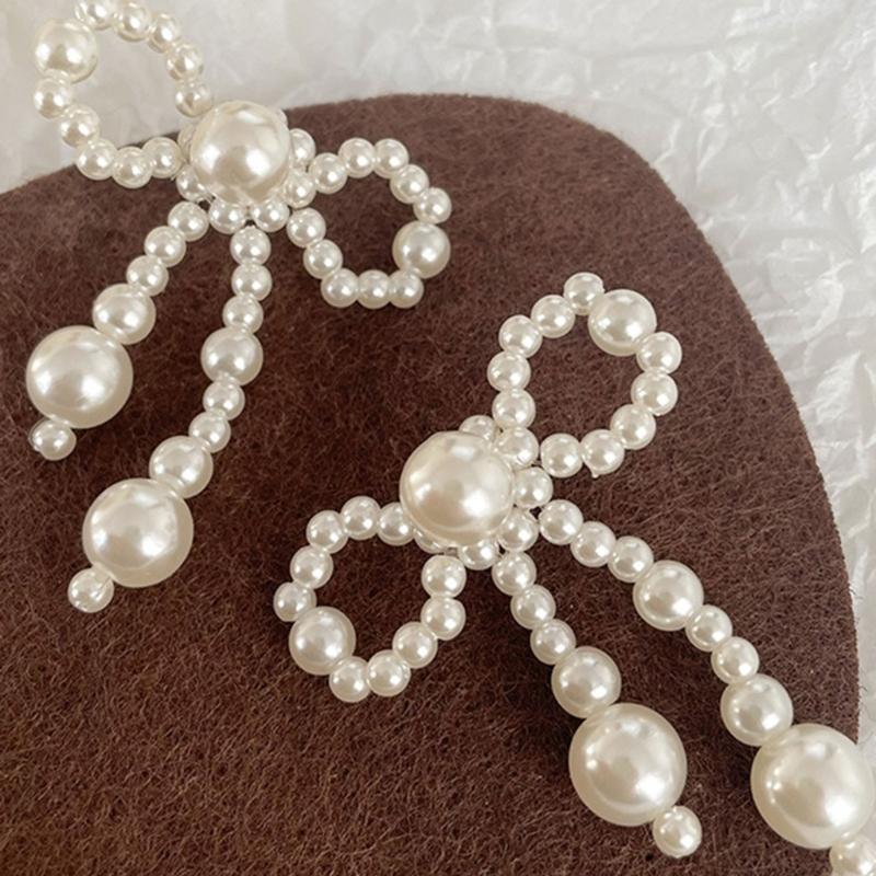 Fashionable Imitation Pearls Ear Clips Exquisite Pearls Beaded Bowknot Dangle Ear Studs for Daily Wear Dates Parties