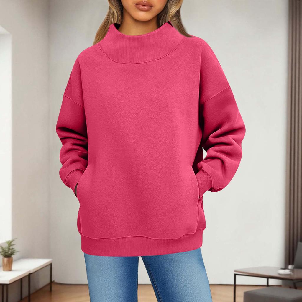 Women's Fashionable Casual Solid Color Round Neck Long Sleeved Pocket Sports Casual Pullover Sweatshirt Top