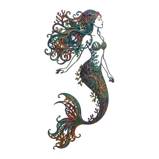 Rustic Metal Art for Patios Mermaid Wall Decoration, Three-dimensional Hollow Iron Artistic Crafts Sculpture, Retro Ocean Style Hanging Figures