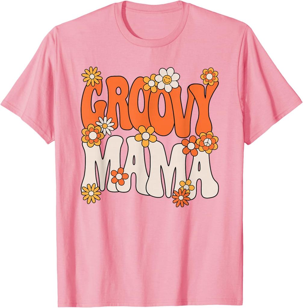 Groovy Mama Hippie 70s Retro Floral Print Cotton Graphic T-Shirt Casual Women Tee