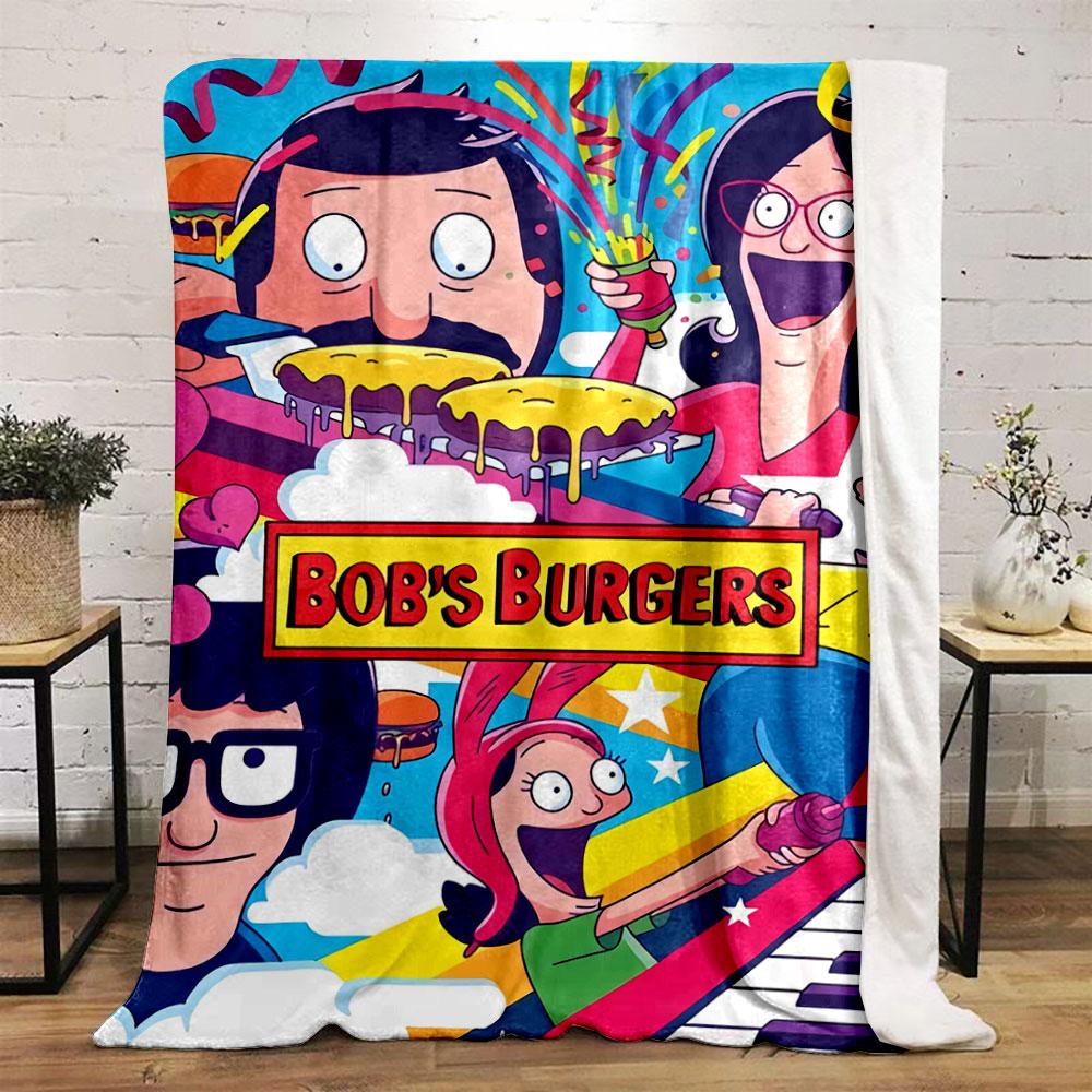 Colorful Cartoon Characters with Burgers, Confetti, and Quirky Expressions. for All Seasons Blanket Lunch Break Throw Gift