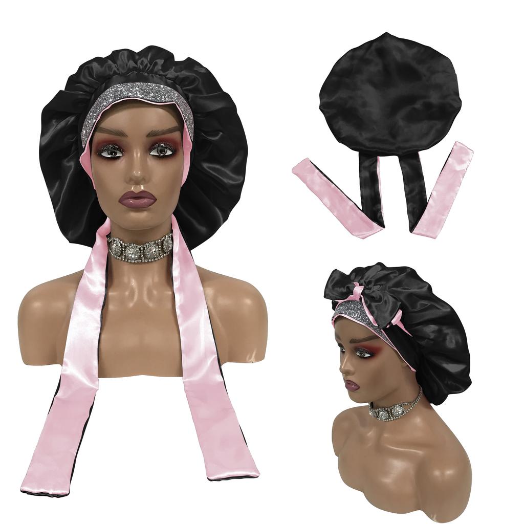Double Layer Sleeping Bonnet with Diamond Silk Designer Bonnets with Long Tie Satin Hair Bonnet