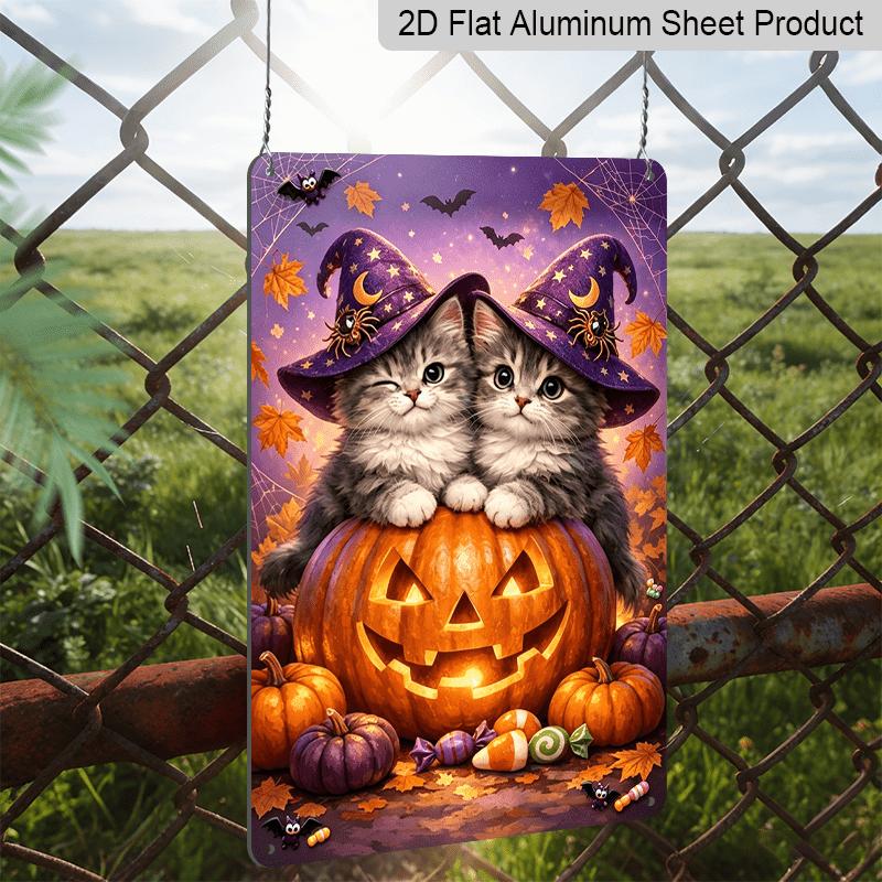 2D Flat, 1pc Cute Witch Kitten Pumpkin Aluminum Sign, Halloween Wall Decor, Mystery Wall Art for Halloween Themed Space - Perfect for Spooky