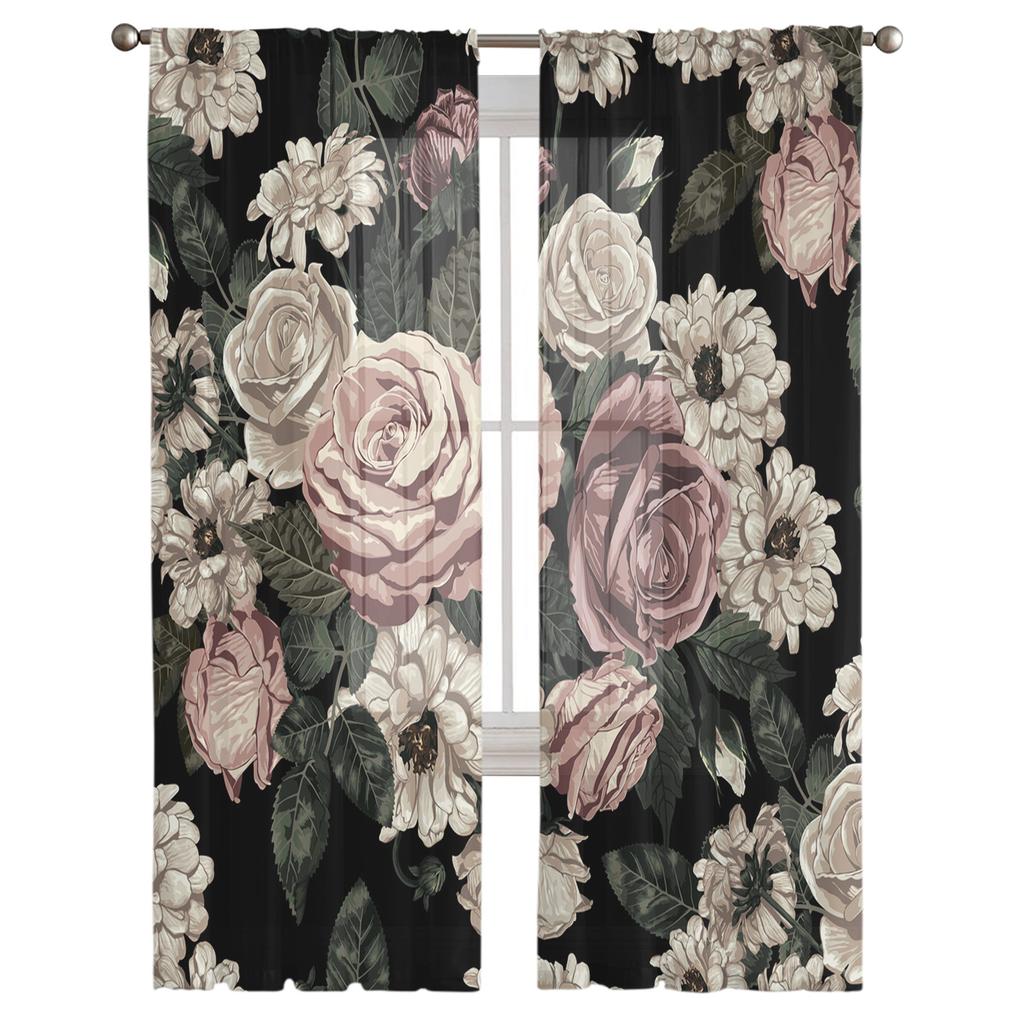 Plant Flowers Green Leaves Tulle Sheer Window Curtains for Living Room Kitchen Children Bedroom Voile Hanging Curtain