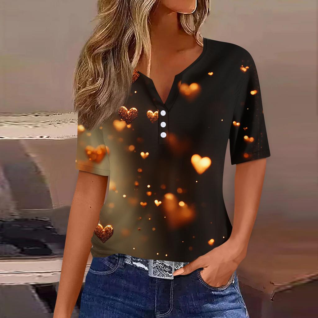 Damen T-Shirt Tee Print Knopf Kurzarm Täglich Wochenende Mode Basic V-Ausschnitt Regulär Oberteil Valentinstag