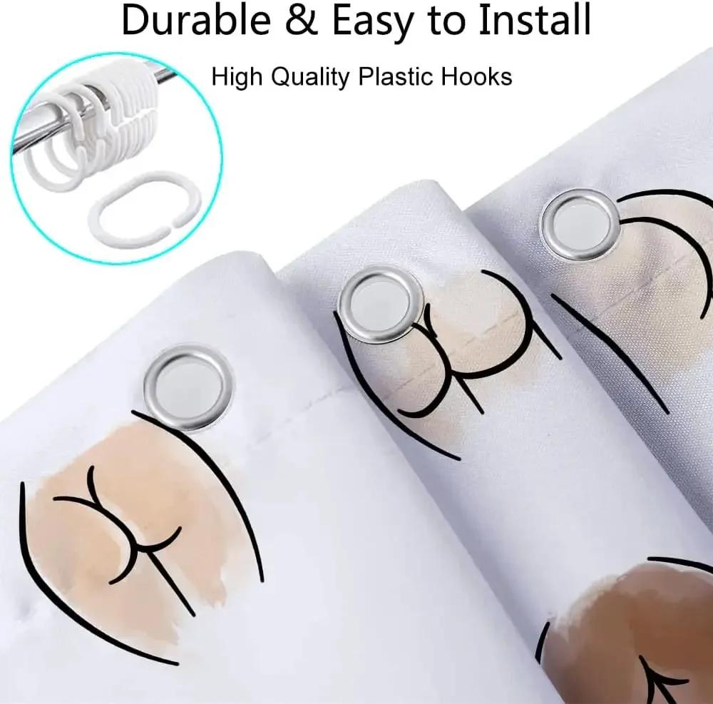 Bathroom Funny Shower Curtain, Funny Butt Hilarious Fabric White Toilet Decoration Accessories Shower Curtain with 12 Hooks