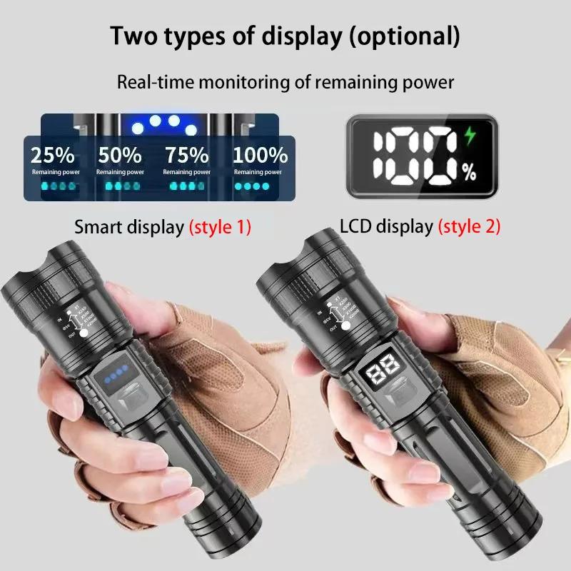 High Power Flashlight Zoomable Digital Display Outdoor Long Range Type C Rechargeable 3 Modes for Camping Hiking Emergency