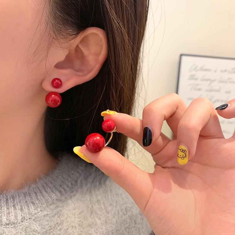 Elegant Retro Ankara Red Pearl Earrings - Versatile Two-Way Design, Light Luxury for a High-End Feel