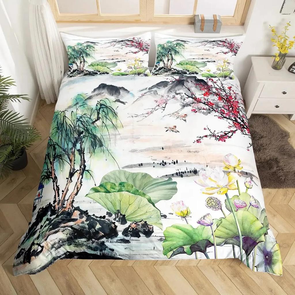 Japanese Ukiyoe Duvet Cover Set Hokusai Pattern Bedding Set Watercolor Sun Mountain Comforter Cover Exotic Style Quilt Cover Set
