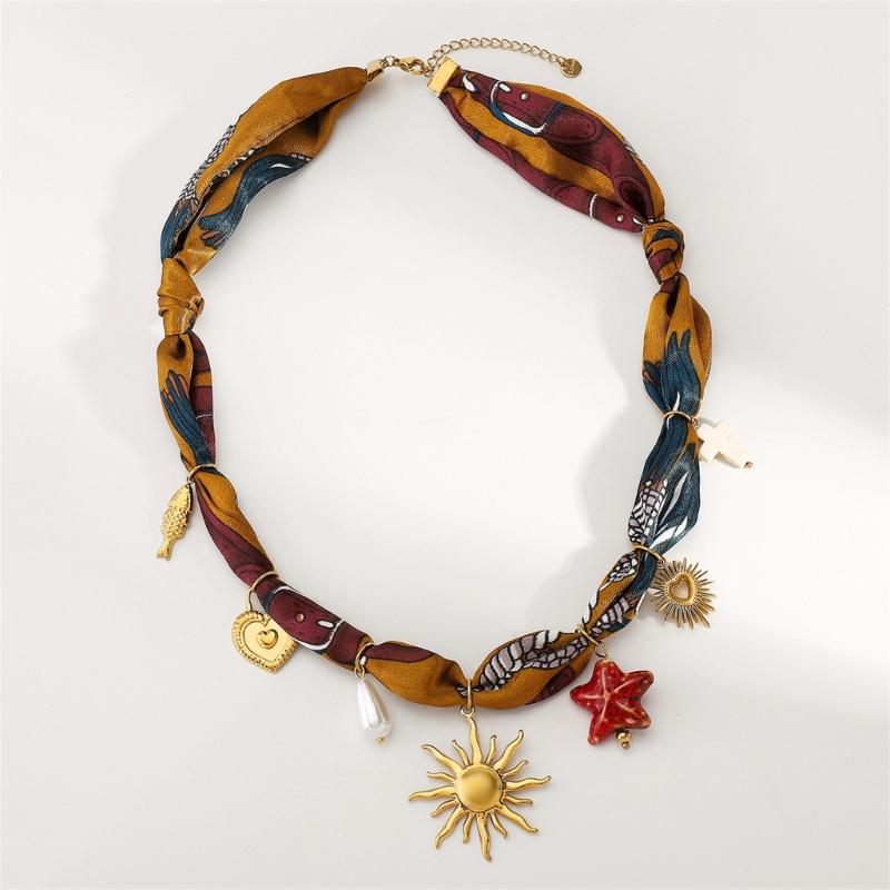 Trendy Multicolor Scarf Necklace Featuring Heart Star Sun Pendant Creative Stainless Steel Neckwear Accessory