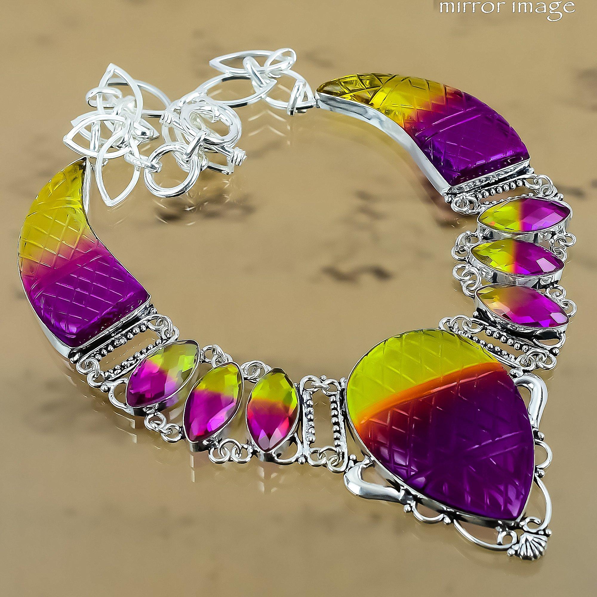 

Natural Carved Bi-Color Tourmaline Chain Adjustable Necklace 925 Silver Adjustable