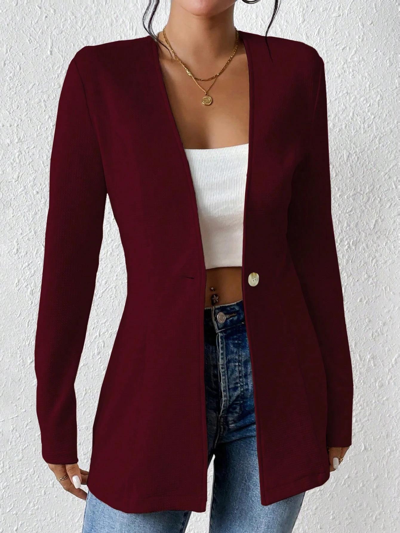 

2026 European & American Korean V-neck Long Sleeve Solid Color Blazer XXL бордовий