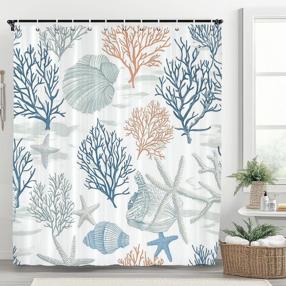 Cute Cartoon Ocean, Starfish, Shells Dolphin Printed Shower Curtain With Hooks, Bathroom Curtain, Bathroom Decor Window Curtain