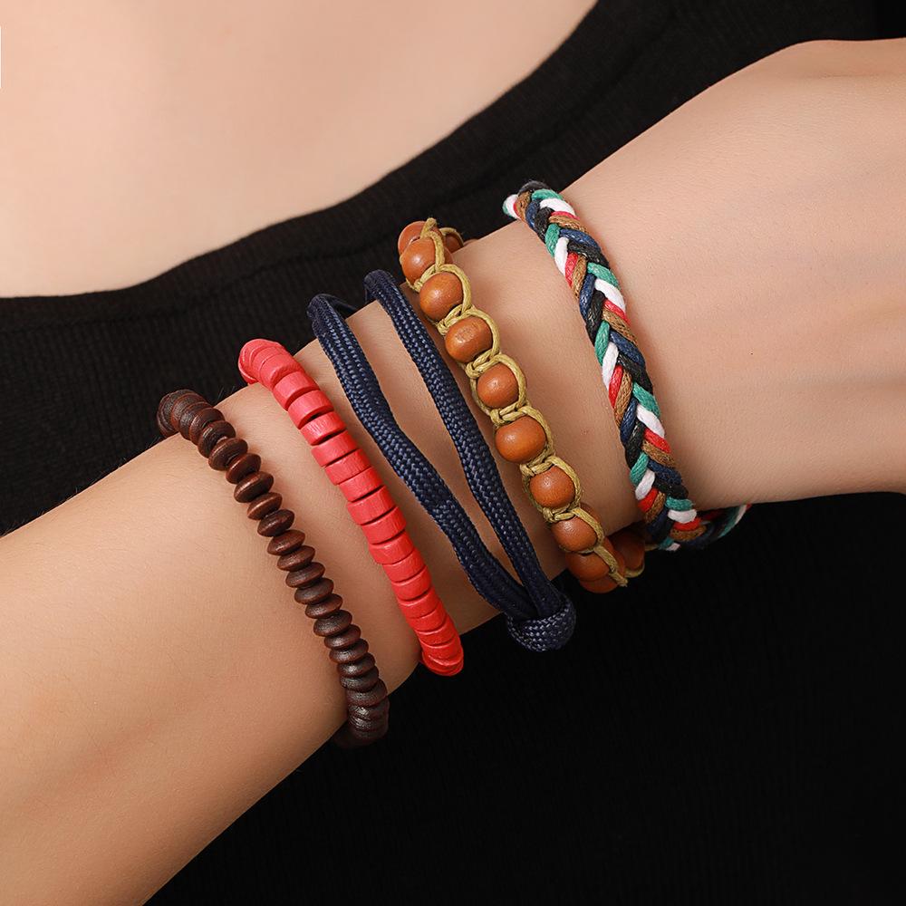 Natural Stone Wood Chip Coconut Shell Elastic Beaded Bracelet Set Retro Couple Beach Bracelet