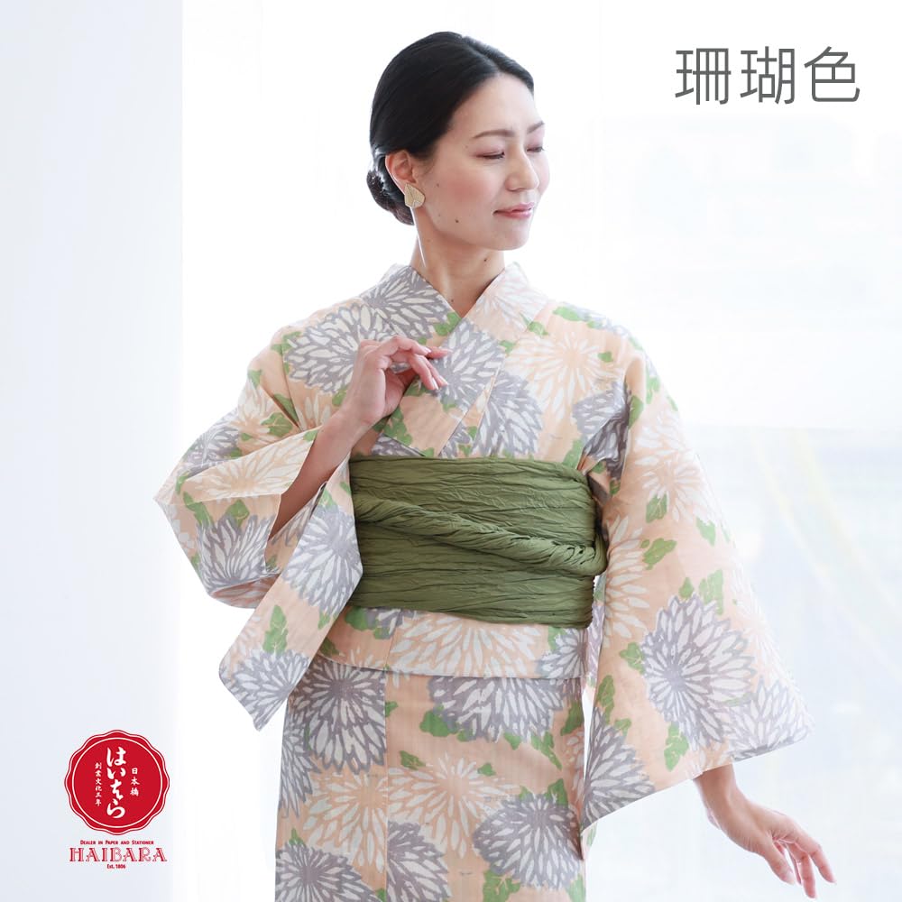 Kyoto Kimono Yuzen Yukata from Made In Cotton Small Chrysanthemum Women's (Single Item) Nihonbashi/Haibara, Japan, High-Quality Kimono, (Coral Green)