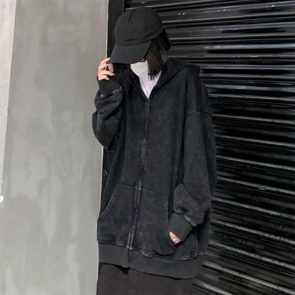 Gewaschene Distressed Hoodies Streetwear Damen Grunge Gothic Oversize Langarm Zip Up Hoodie Vintage Paar Cardigan