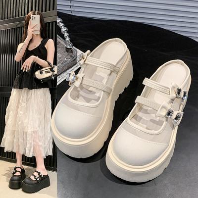 Thick Bottom Heightening Bag Head Half Slippers Women's Outer Wear 2025 New Summer Mesh Breathable with Skirt One Pedal Sandals