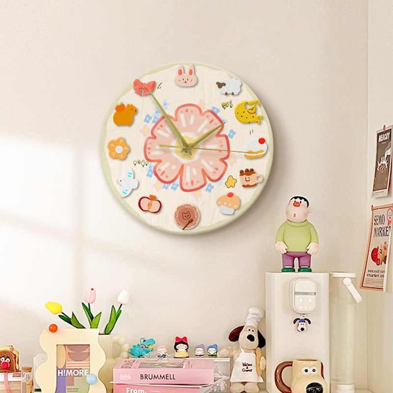 Dopamine Clock Living Room Clock Cartoon Living Room Hanging Watch Decorative Painting Round Cream Style Silent Clock Bedroom Table