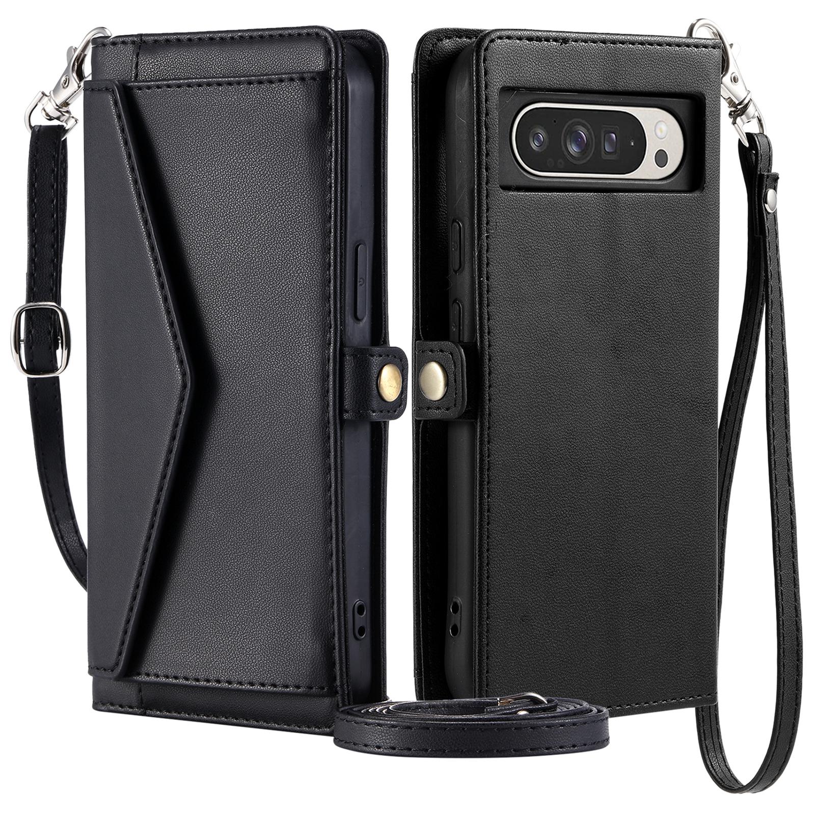 

For Google Pixel 9 Pro XL Leather Case Wallet Stand Phone Cover with Straps Black