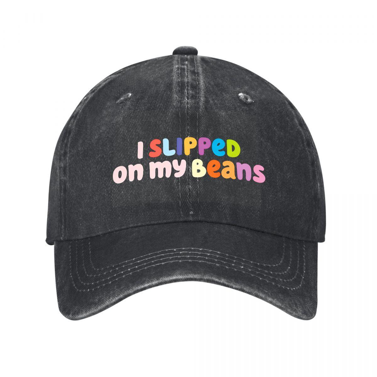 S Womens Retro Multicolor I Slipped On My Beans Snapback Cap Funny Beige PVC Coated Visor Ha Washed Baseball Cap Adjustable