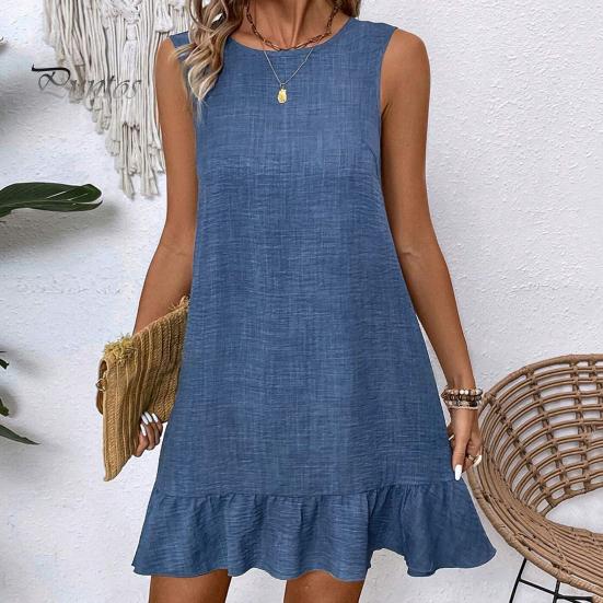 Summer Sundress Ruffle Hem Loose Sleeveless Round Neck Solid Color A-line Mini Dress for Beach Datings Vacation